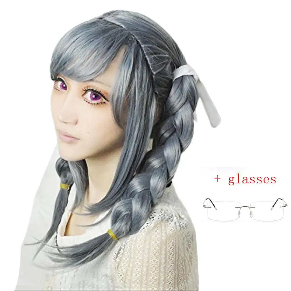 Anime Danganronpa Dangan-ronpa Peko Pekoyama Double Braided Dark Grey Synthetic Cosplay Wig for Halloween Wigs + Glasses