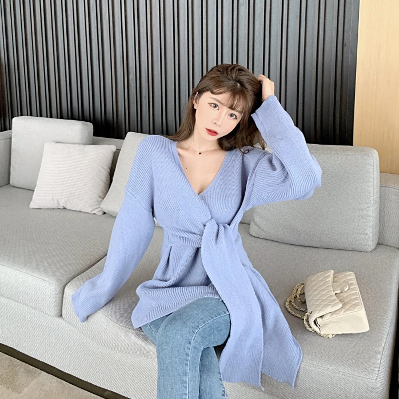

V-neck Lace Up Bandage Slim Waist Pullover Knitwear 2020 Autumn New Long Sleeve Knitted Tops Women Elegant Pull