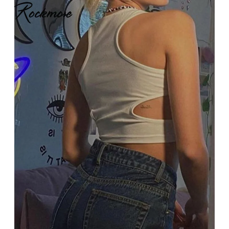 

Rockmore Sexy Hollow Out Tank Top White Solid Skinny Casual Crop Tops Women Rave Outfits Slim Basic Y2K Sleeveless Tee Vest 2021
