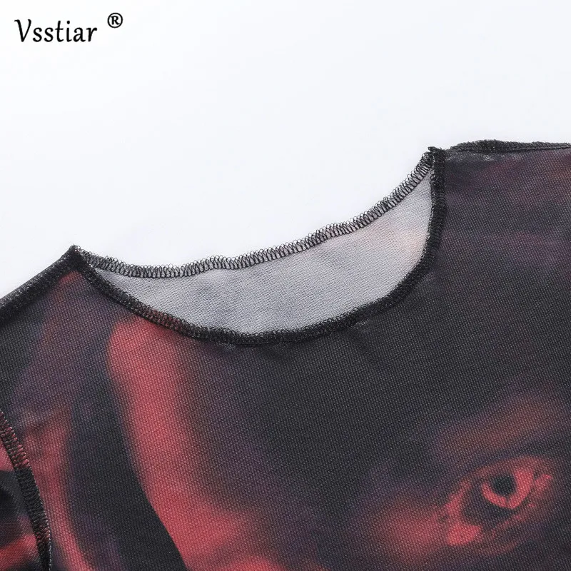 

Vsstiar Short Sleeve Tie Dye Tops Portrait Printed Sheath Women T-Shirt Summer O Neck See Through Sexy Tees Shirts Clubwear