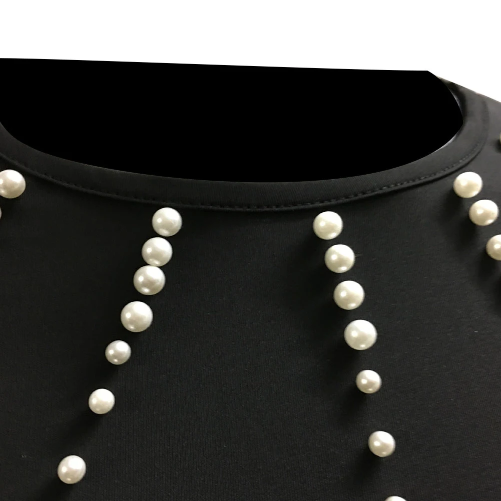 Women Solid Color O Neck Long Sleeve Imitation Pearls Decor Mini Dress 2020 Spring high quality | Женская одежда