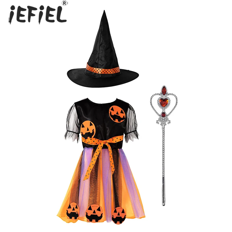 

Детский костюм ведьмы вампира для девочек, модель тыквы, волшебная палочка, заостренные головные уборы, комплект для Хэллоуина, косплея, кар...