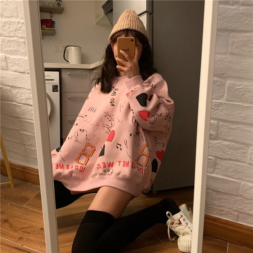 Женский трикотажный пуловер с принтом граффити толстый свободный флисовый