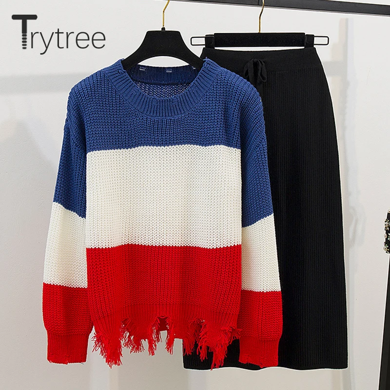 Trytree Autumn Winter two piece set Casual Spliced Loose Knitwear Sweater + Skirt Drawstring Fashion Office Lady Set 2 Piece Se | Женская