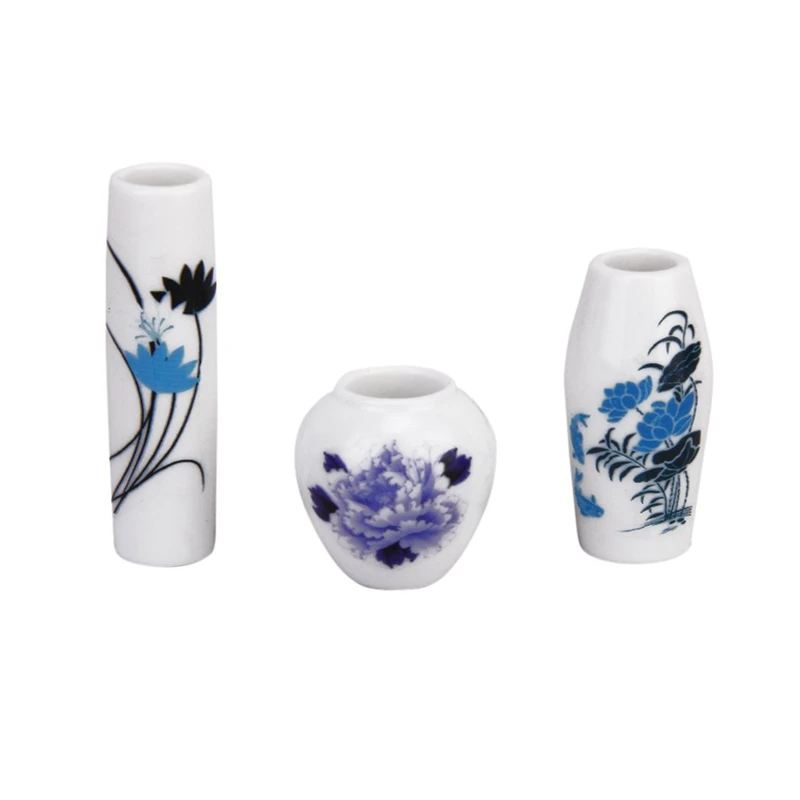 

Set of 3Pcs Dollhouse Miniature Plastic Flower Vase---Blue Painted Floral