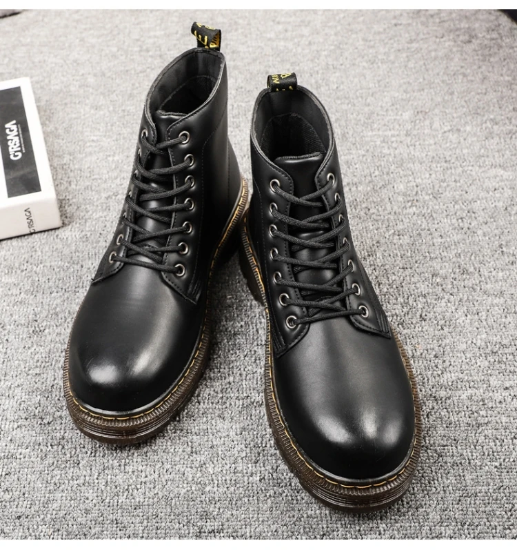 

Men New Fashion Pu Leather Boots Round Toe Lace-up Design Ankle Shoes Male Vintage Classic Casual Retro Martin Boots