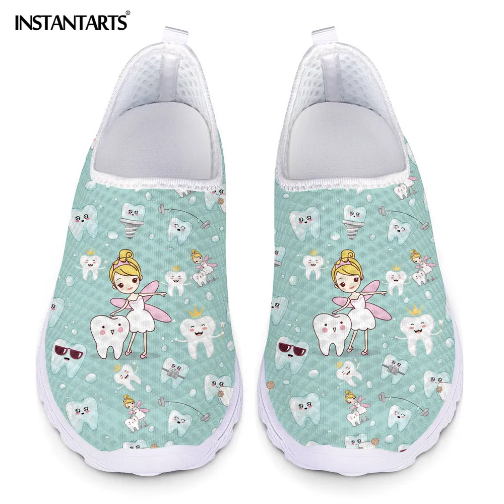 

INSTANTARTS Cute Cartoon Dental Flats Sneakers for Teen Girls Dentist Print Air Mesh Slip on Ladies Shoes Lightweight Footwear