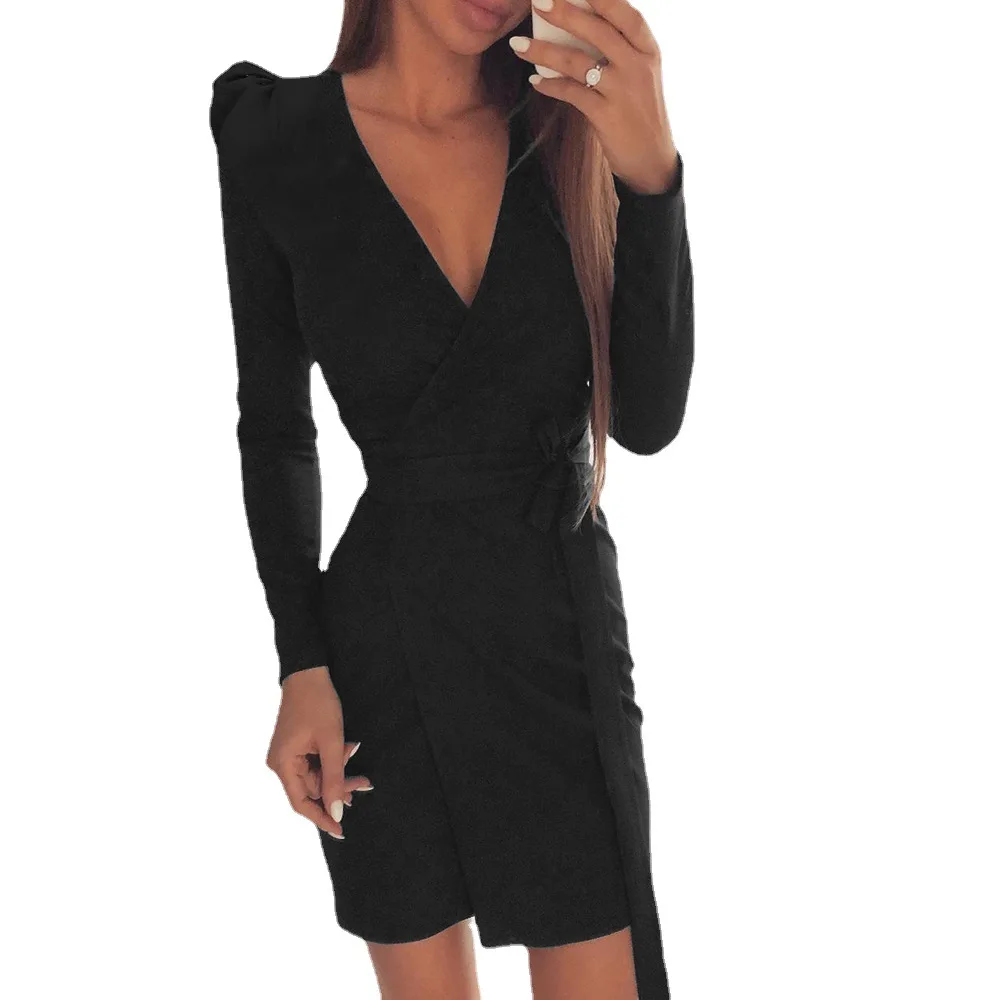 

Spring Autumn Solid Office Lady Party Dress Women Elegant V Neck Side Belt Mini Dress Casual Long Sleeve Irregular Dresses New