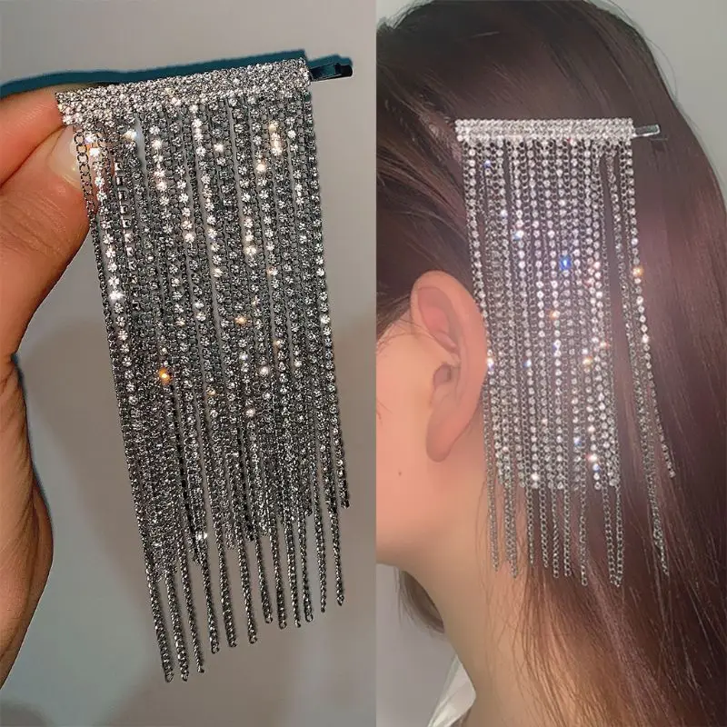 

Korean Sweet Long Tassels Rhinestone Bobby Pins Women Girls Glitter Jewelry Metal Hair Clips Wedding Bridal Party Side Barrettes