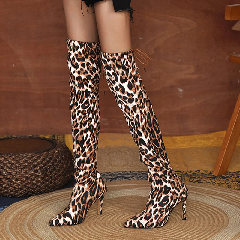 

Women Shoes Winter High Boots Fashion Leopard Print Over The Knee Boots Pointed Stretch Fabric Ladies High Heels Tacones Mujer