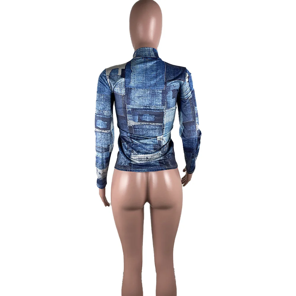 

Turtleneck Long Sleeve Tops Women Slim Fit Sexy High Waist Top Ladies Young Style Blue Denim Print 2021 Autumn Winter Wear Tops