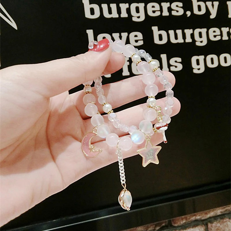 New 2pcs/set Moon Star Pink/Green/Purple Crystal Bracelets Set Korean Summer Fashion Bracelet for Women Girls Jewelry YBR310 - купить по