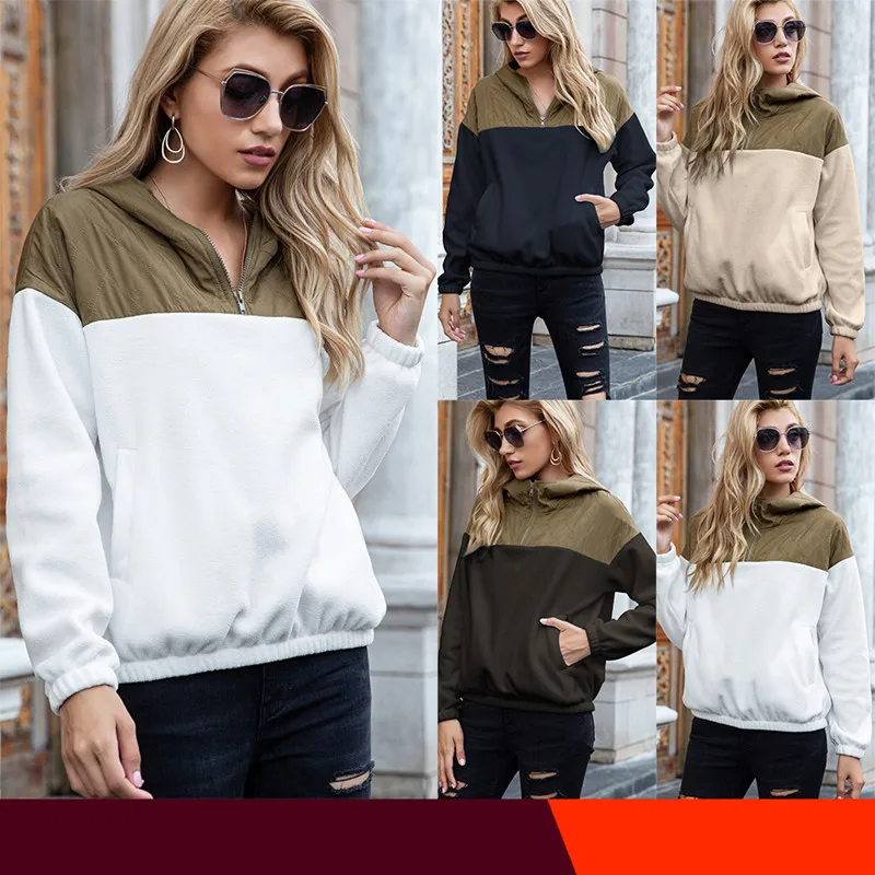 

2021 Fashion Hooded Collar Zipper Long Sleeve Women's Casual Sweatshirts Autumn Winter Loose Solid Pocket Lady Sweatshirts Basic