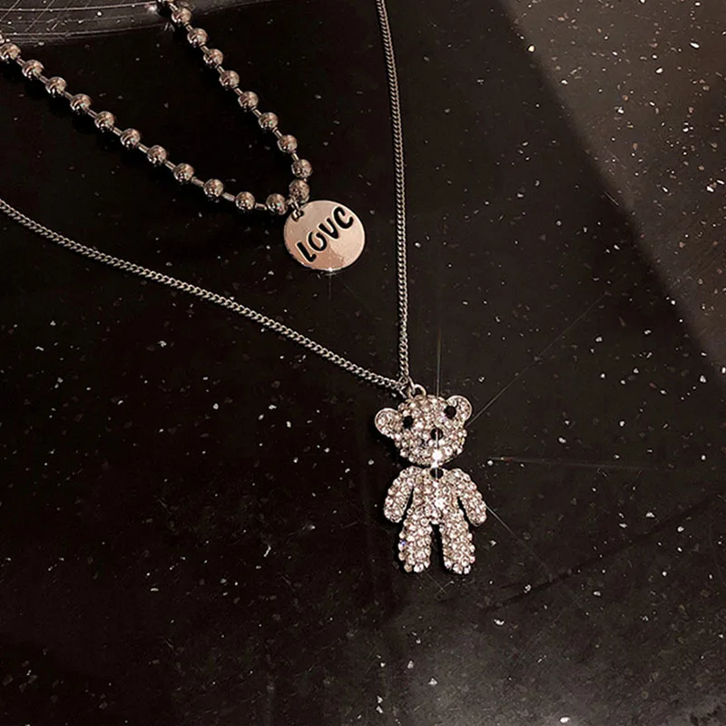 

Full Rhinestone Bear Pendant Necklace LOVE Letter Coin Bead Chain Necklace Long Necklace Holiday Surprise Gift for Lover Friend