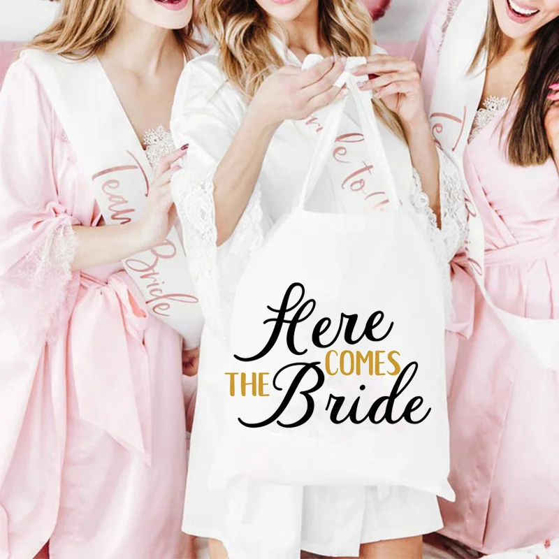 

Here Comes the Bride Tote Bag wedding engagement Bachelorette Hen Party Bridal Shower favor Team Bride bridesmaid gift present