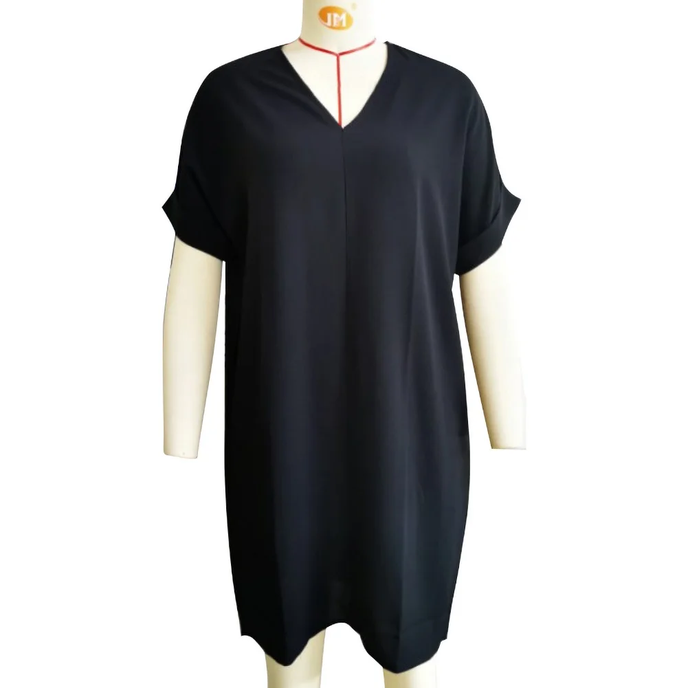 

2XL Women Casual V Neck Short Sleeve Solid Color Loose Knee-Length Office Dress Elegant Party Dress Vestidos Large Size Hot Sale