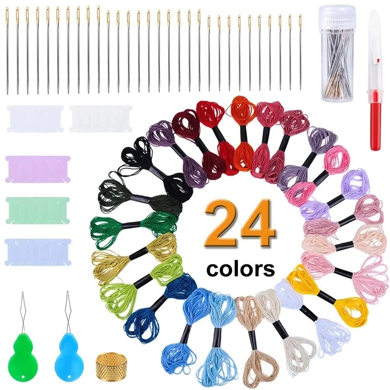

LMDZ 24 Color Embroidery Floss Cross Stitch Threads Large Eye Stitching Beading Needle Cross Stitch Sewing Tool Kit for Beginner