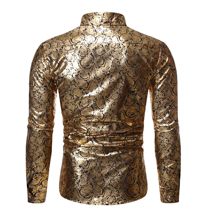 

Men's Party Floral Gold Shiny Printed Tuxedo Shirt Banded Collar Slim Fit Dress Shirt Men Wedding Chemise