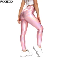 fccexio women pink pu leather leggings laser pencil pants push up high waist sexy skinny butt lifting workout fitness trousers