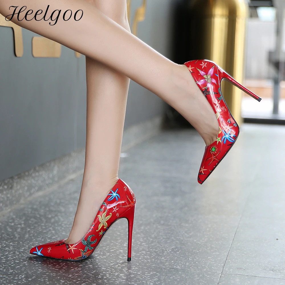 

Heelgoo Starfish Printed Women Pointed Toe 11cm High Heel Shoes Chic Ladies Slip On Stiletto Pumps Black White Green Red Yellow