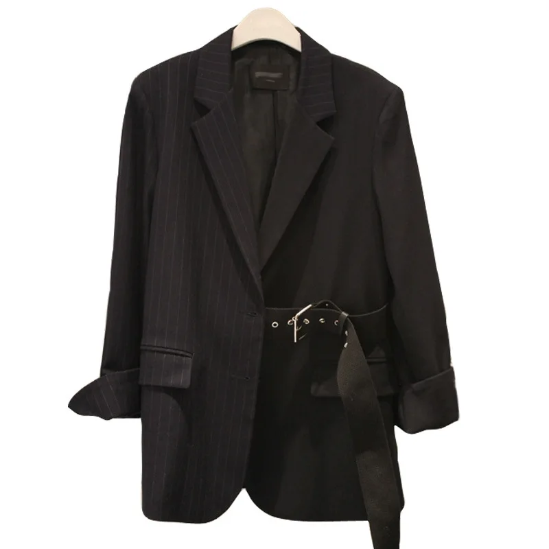 Женский однобортный полосатый блейзер с длинным рукавом поясом универсальный