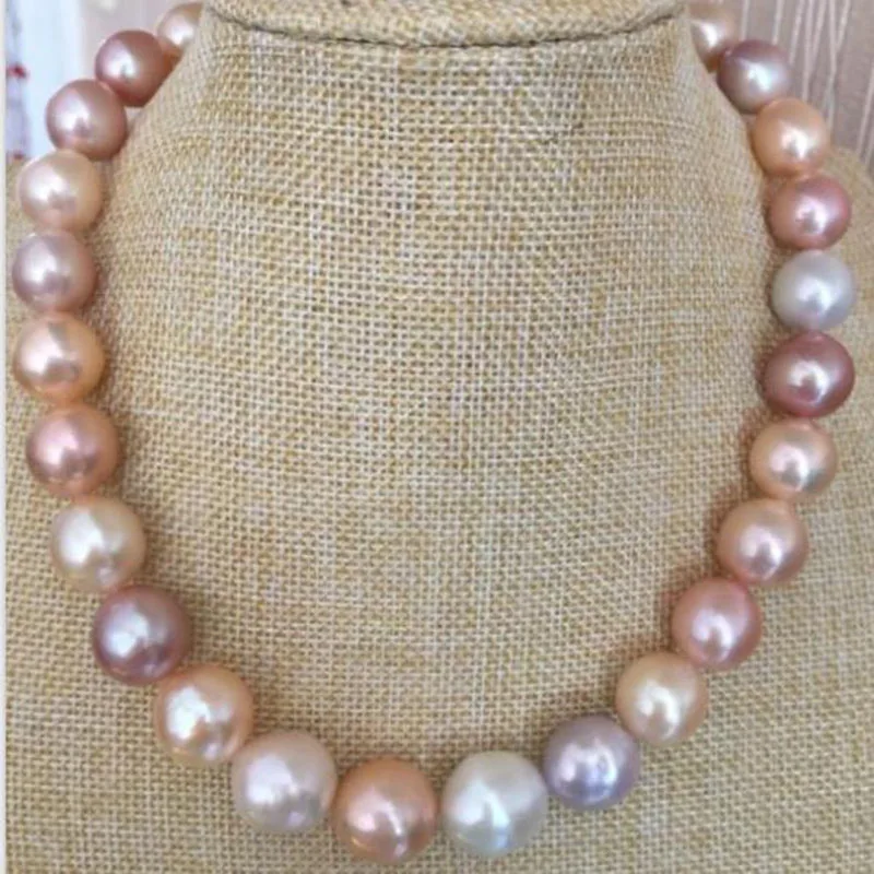

gorgeous 11-12mm freshwater round multicolor pearl necklace 18inch 925silver