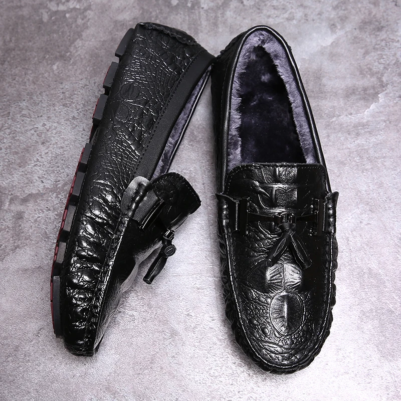 Wandai-8809M-Black Меховые мужские туфли лоферы; зимняя теплая плюшевая кожаная мужская повседневная обувь; Роскошная брендовая мужская обувь; коллекция года; мужские мокасины без шнуровки; Цвет Черный; обувь для вождения - Цвет: Wandai-8809M-Black