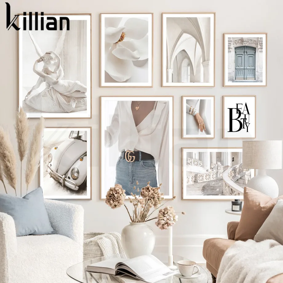 

White Building Lily Flowers Canvas Painting Vintage Car Fashion Woman Minimalist Wall Art Nordic Posters and Prints Home Decor