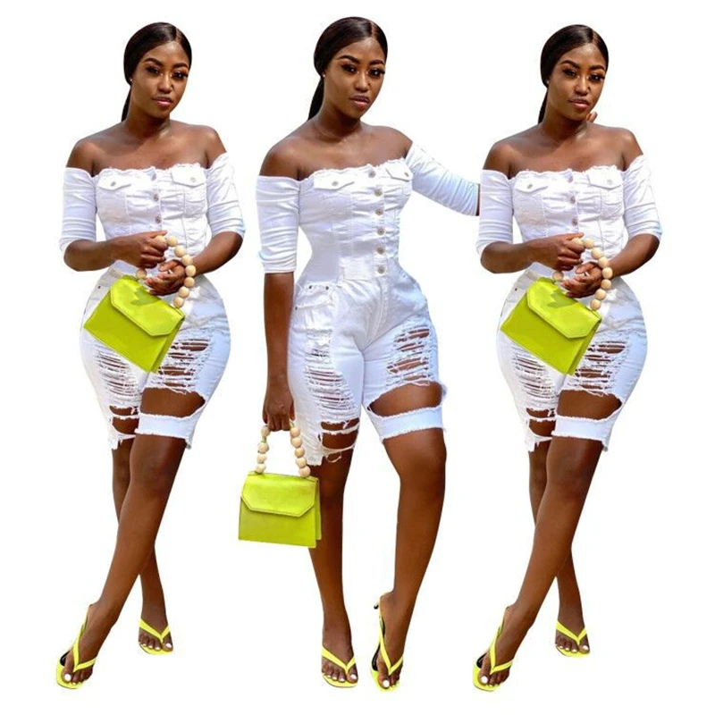 Adogirl Fashion Sexy Frosted Washed Hole Jeans Jumpsuit Buttons Slash Neck Off Shoulder Half Sleeve Shorts Romper Playsuit | Женская
