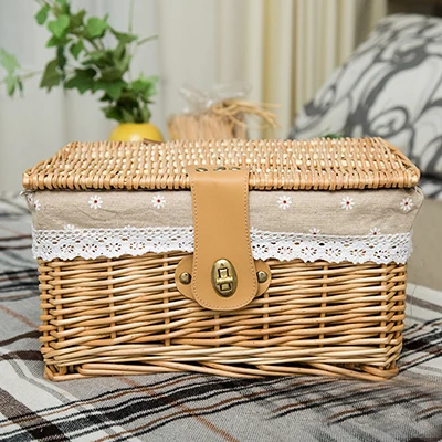 beige flower Креативная бамбуковая плетеная корзина для хранения с крышкой с замком для хранения одежды, коробка для хранения игрушек, органайзер, коробка для хранения - Цвет: beige flower