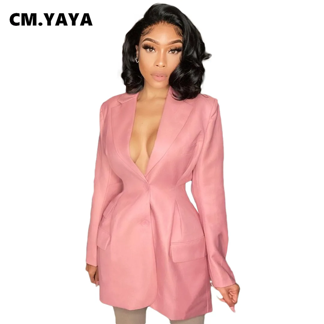 

Женский пиджак с карманами CM.YAYA, однотонный тонкий длинный пиджак, Офисная модная верхняя одежда, винтажные Стильные топы, осенняя уличная о...