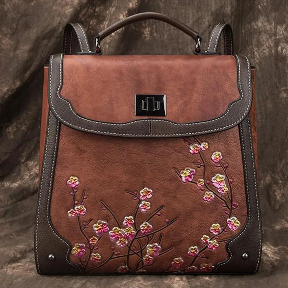 

Backpack Genuine Leather Women Rucksack Messenger Cross body Bag Embossed Plum flower Lady Retro Knapsack Real Cowhide Daypack