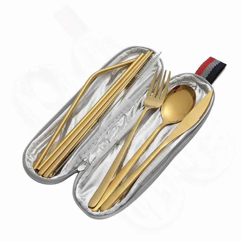 Набор столовых приборов из нержавеющей стали позолоченные дорожные приборы с