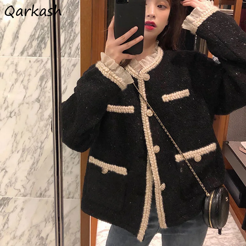 

Шерстяное женское кружевное Элегантное Черное мешковатое пальто со вставками и круглым вырезом в уличном стиле универсальная Стильная верхняя одежда во французском стиле для женщин