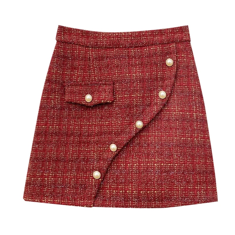 

Elegant Button Short Skirt Women Winter Christmas New Year Wrap Hip A-word Style Mini Skirts Femme Fashion Bottoms