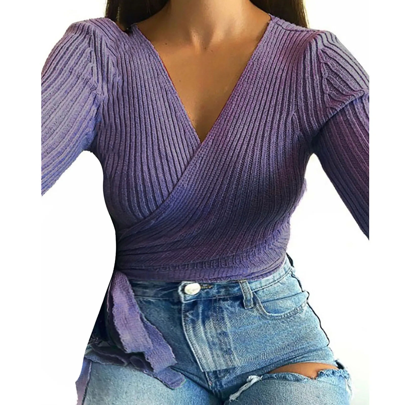 

Classic Dtrappy Deep V Slim Tops Sexy Casual Women Winter Crop Tops Long Sleeve Ladies Bodycon Bandage Lace Up Pullovers