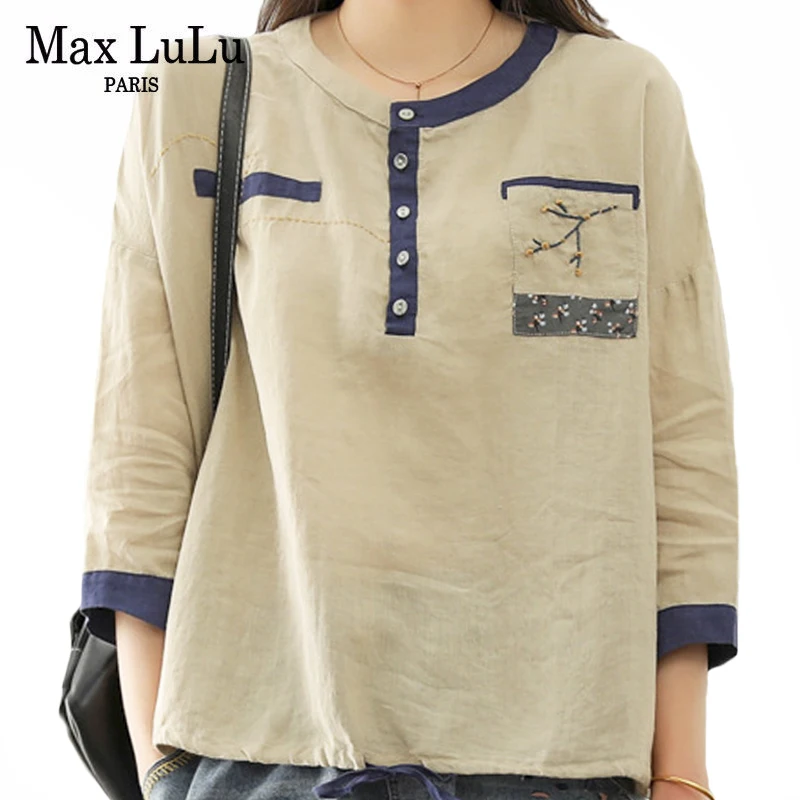 

Max LuLu Chinese Style Spring 2021 Clothes Women Linen Cotton Casual Blouses Ladies Khaki Floral Patchwork Shirt Girl Loose Tops