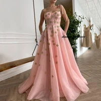light pink prom dress sweetheart golend stars glitter appliques one shoulder straps pleated pockets saudi arabia evening dress