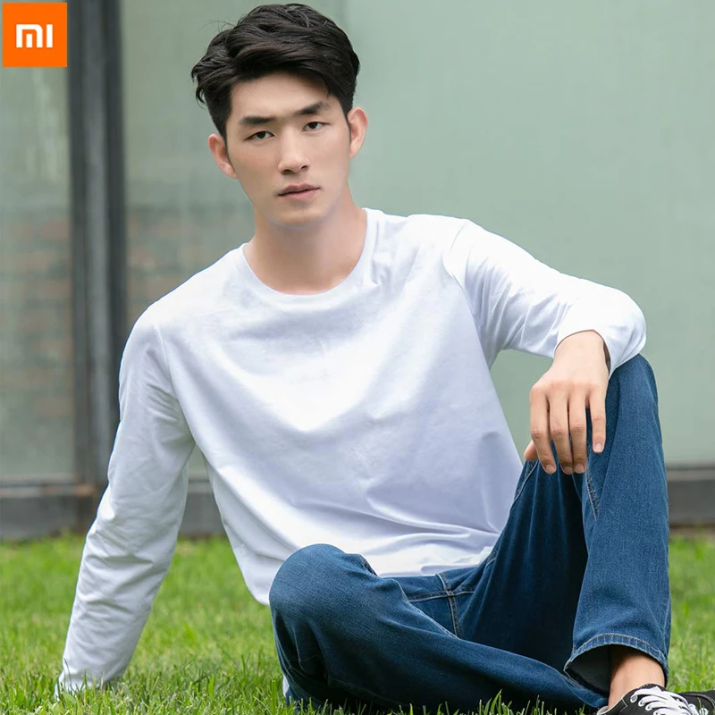 Новинка мужские однотонные футболки Xiaomi Youpin с длинным рукавом свободная