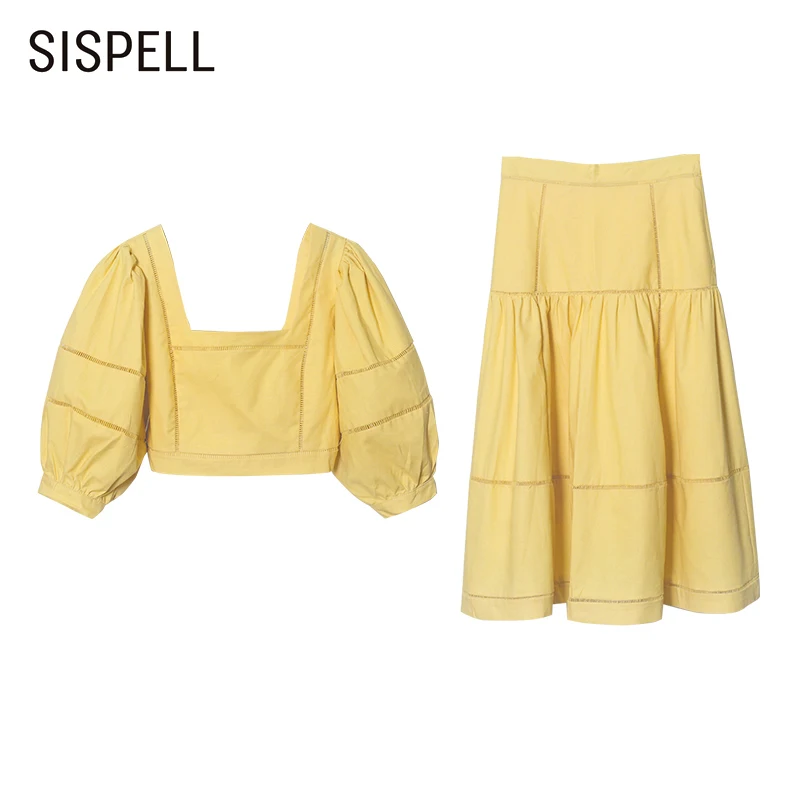 

Женский элегантный комплект SISPELL, укороченный топ с квадратным вырезом, коротким рукавом с буфами и юбка с высокой талией, Модный женский ко...