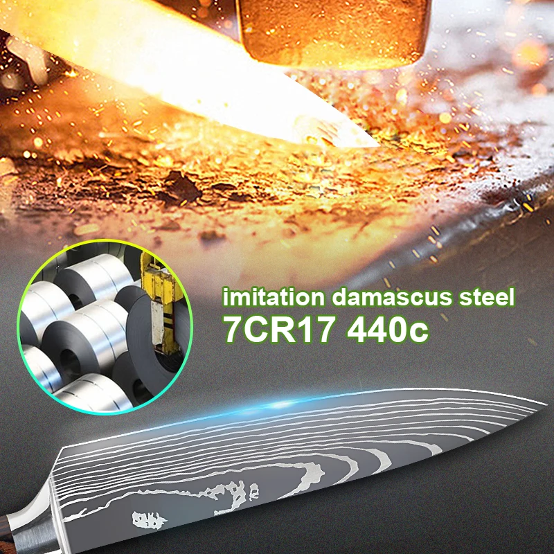 kitchen knives Set 7CR17 440C High Carbon Damascus pattern Chef Knife Sharp Santoku Cleaver Slicing Utility Knives Wooden Handle | Дом и сад