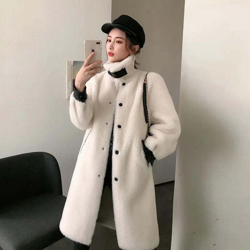 

2021 Autumn and Winter New Real Fur fleece Lamb Wool Coat Double-faced Fur Women's Mid-Length Fur Coat Sheepskin Pocket overcoat