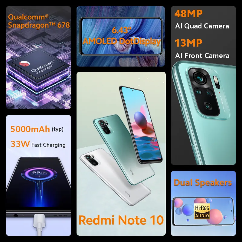 Глобальная версия Xiaomi Redmi Примечание 10 мобильный телефон 4GB оперативной памяти 64