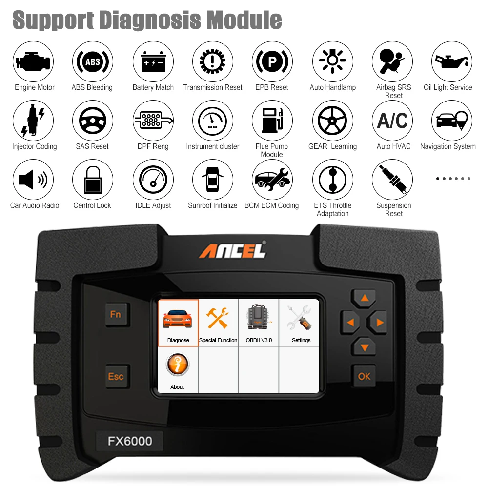 Ancel FX6000 OBD2 сканер подушки безопасности ABS полная система считывание кодов ошибок