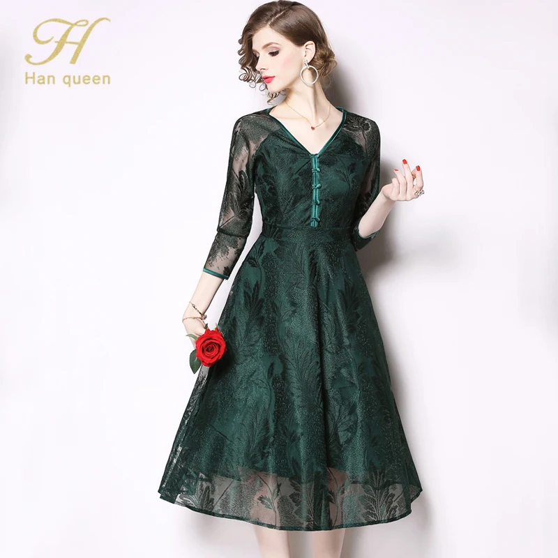 H han queen Новое Осеннее Открытое платье Vestidos элегантное офисное женское платье Сексуальное Тонкое Платье с v-образным вырезом для работы деловые повседневные кружевные платья - Цвет: Dark green