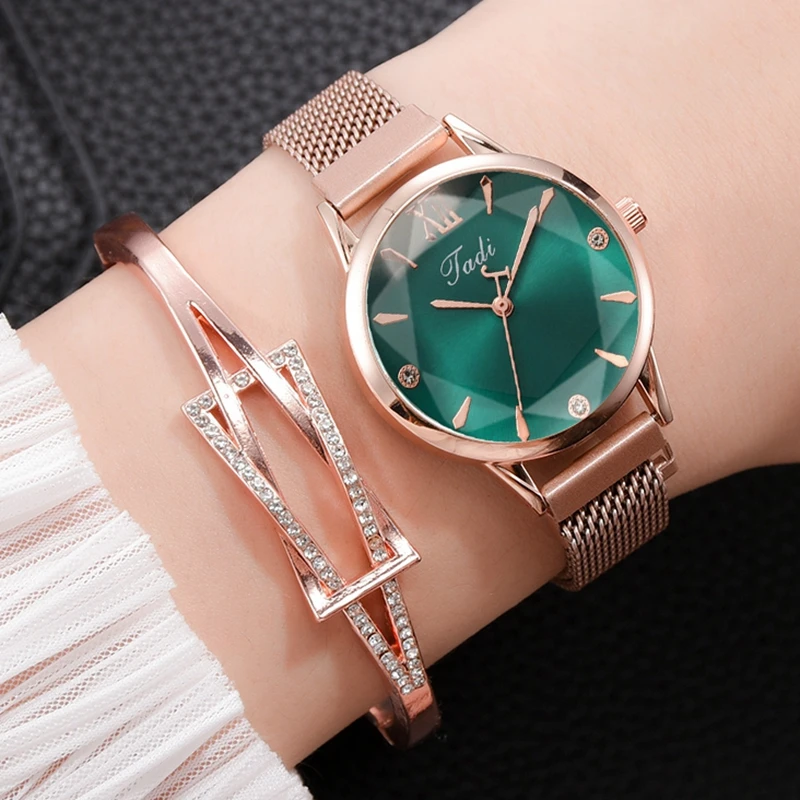 

Luxury Magnetic Women Green Dial Gem Cut Face Bracelet Quartz Clock Women Ladies With Bracelet Wristwatch Relojes Para Mujer