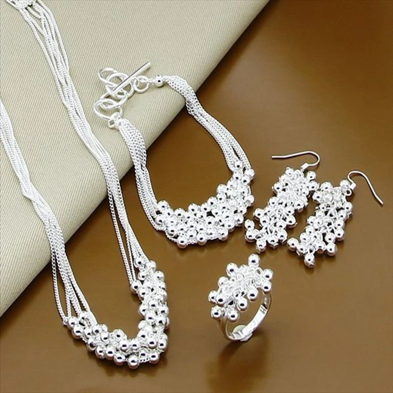 

New Style 925 Sterling Silver Glossy Bead Earrings Bracelet Necklace Ring 8 Size Set For Female Engagement Party Wedding Fashion