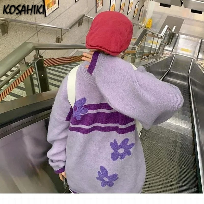 

KOSAHIKI Sweaters Women Printed Floral Sweet New Knitted Chic Womens Pullover All-match Casual Harajuku Ulzzang Japan Jumper