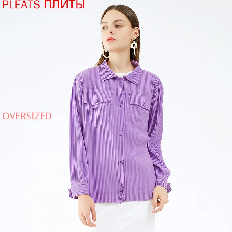 

Miyake Autumn and Winter New Casual Korean Solid Color Shirt Women's Design Slim Long Sleeve Women's Shirt Pleats Camisas Mujer
