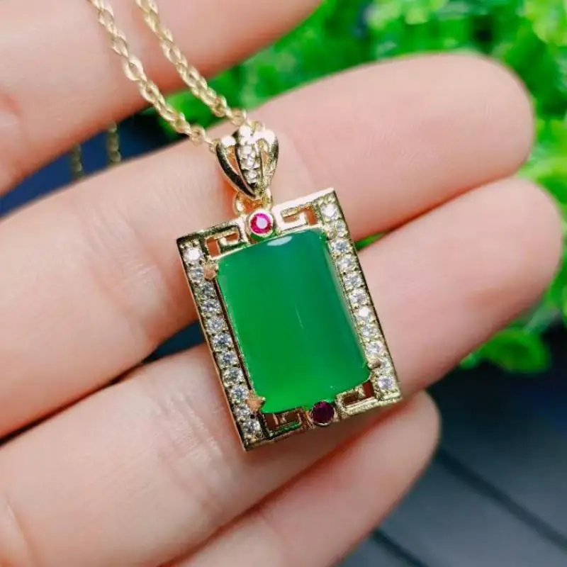 

Rectangle Green Jade Pendant Necklace Women Chrysoprase Fashion Charms Jewellery Gifts For Ladies Certified Jades Stone Necklace